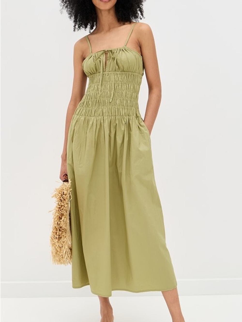 Ciao Lucia Russo Dress Olive Green Smocked Midi Dress Milkmaid Large Cottagecore